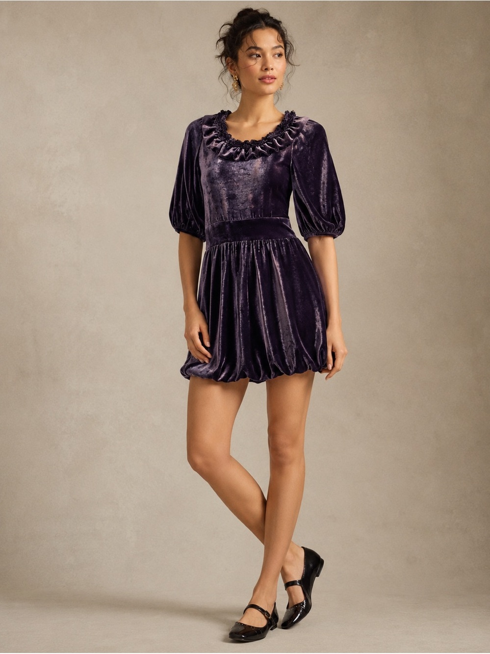 Purple Velvet Bubble Hem Puff Sleeve Dress Whimsigoth